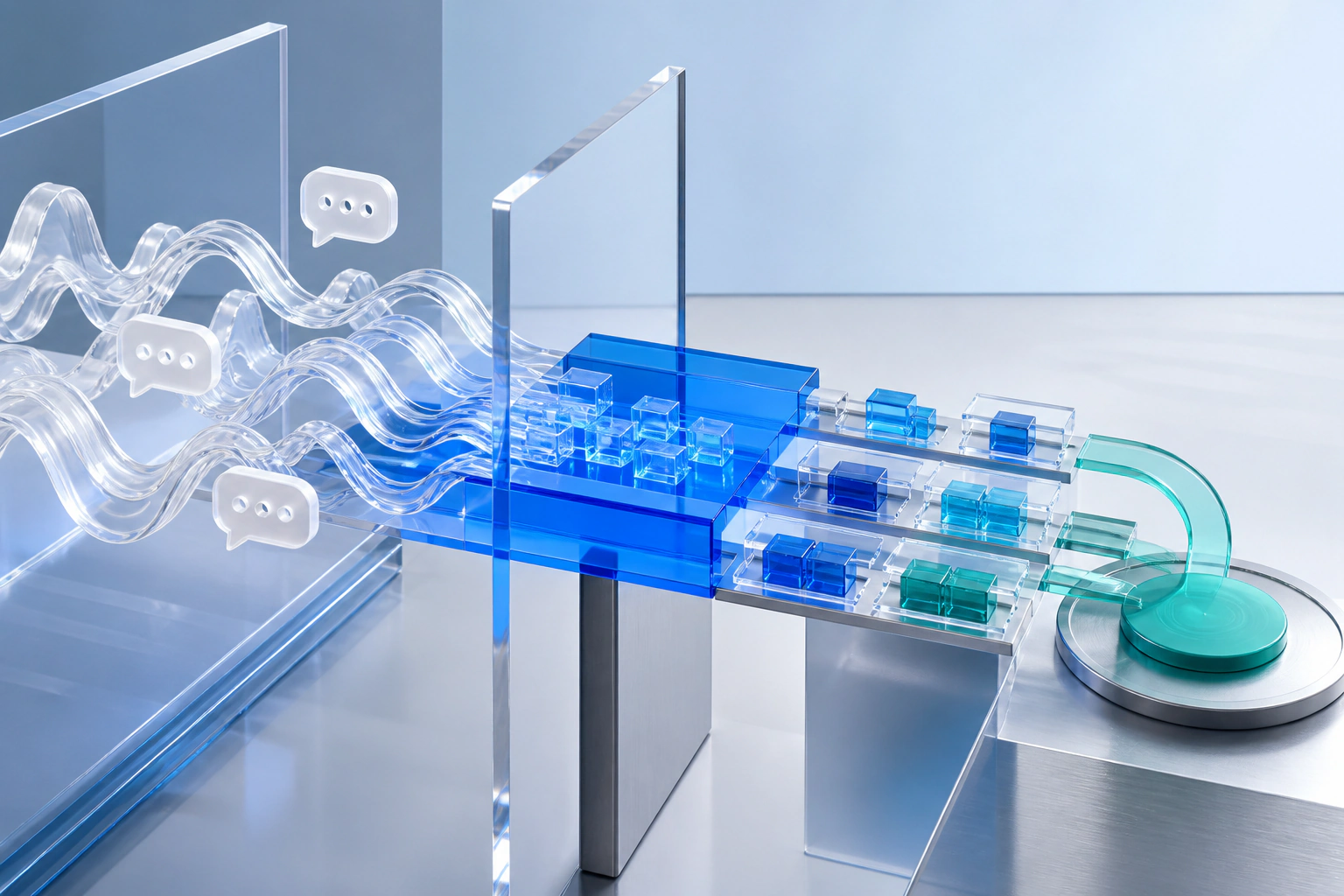 Sculptural voice and messaging signals becoming structured workflow paths.